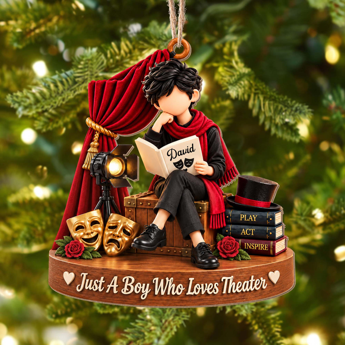 Just A Boy Who Loves Theater With Masks And Spotlight - Personalized Custom Wood Ornament, Custom Shaped - JBS431_WDO