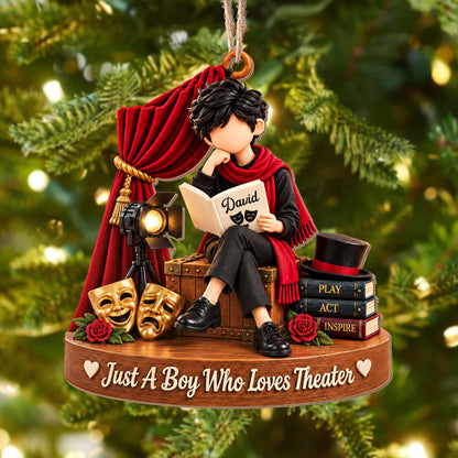 Just A Boy Who Loves Theater With Masks And Spotlight - Personalized Custom Wood Ornament, Custom Shaped - JBS431_WDO
