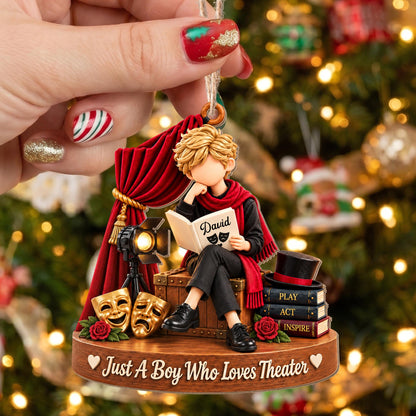 Just A Boy Who Loves Theater With Masks And Spotlight - Personalized Custom Wood Ornament, Custom Shaped - JBS431_WDO