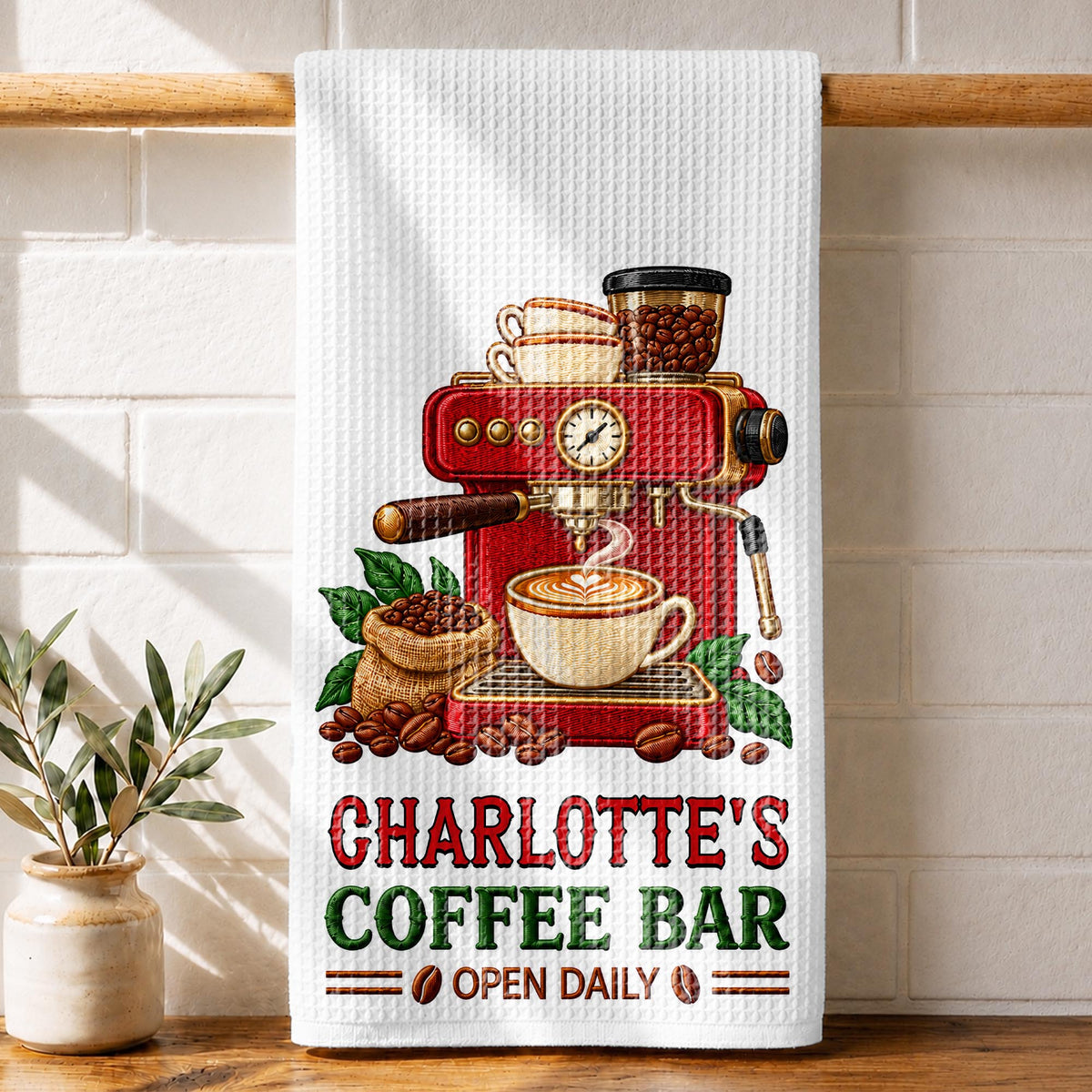 Coffee Bar Open Daily Espresso Machine And Beans Design - Personalized Kitchen Towel - JBS516_TOWL