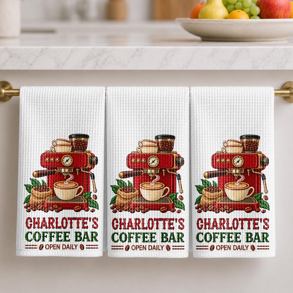 Coffee Bar Open Daily Espresso Machine And Beans Design - Personalized Kitchen Towel - JBS516_TOWL