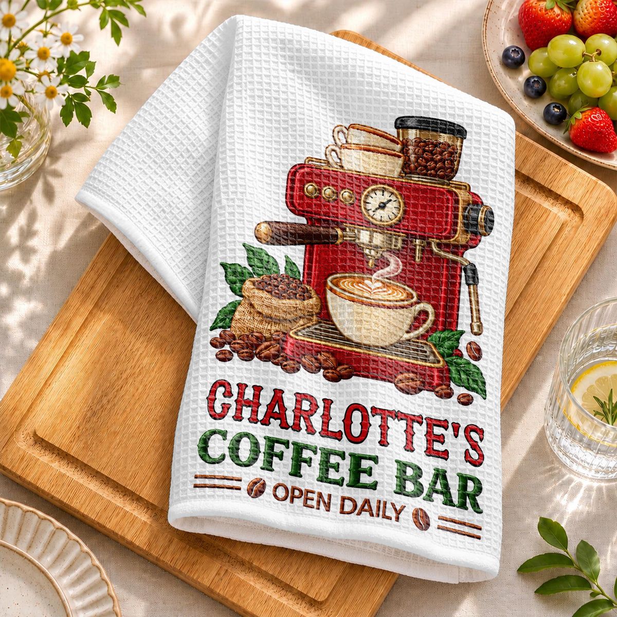 Coffee Bar Open Daily Espresso Machine And Beans Design - Personalized Kitchen Towel - JBS516_TOWL