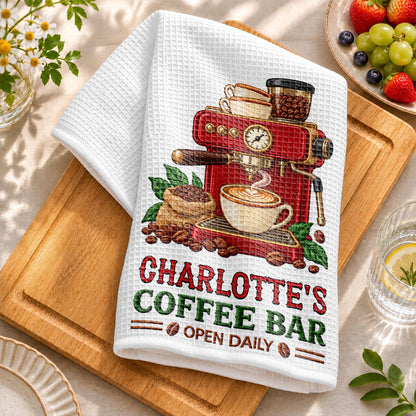 Coffee Bar Open Daily Espresso Machine And Beans Design - Personalized Kitchen Towel - JBS516_TOWL