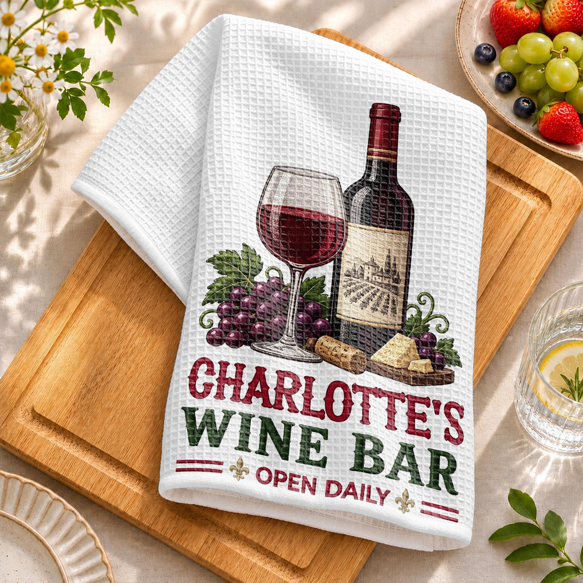 Wine Bar Open Daily Wine Bottle Grapes And Cheese - Personalized Kitchen Towel - JBS517_TOWL