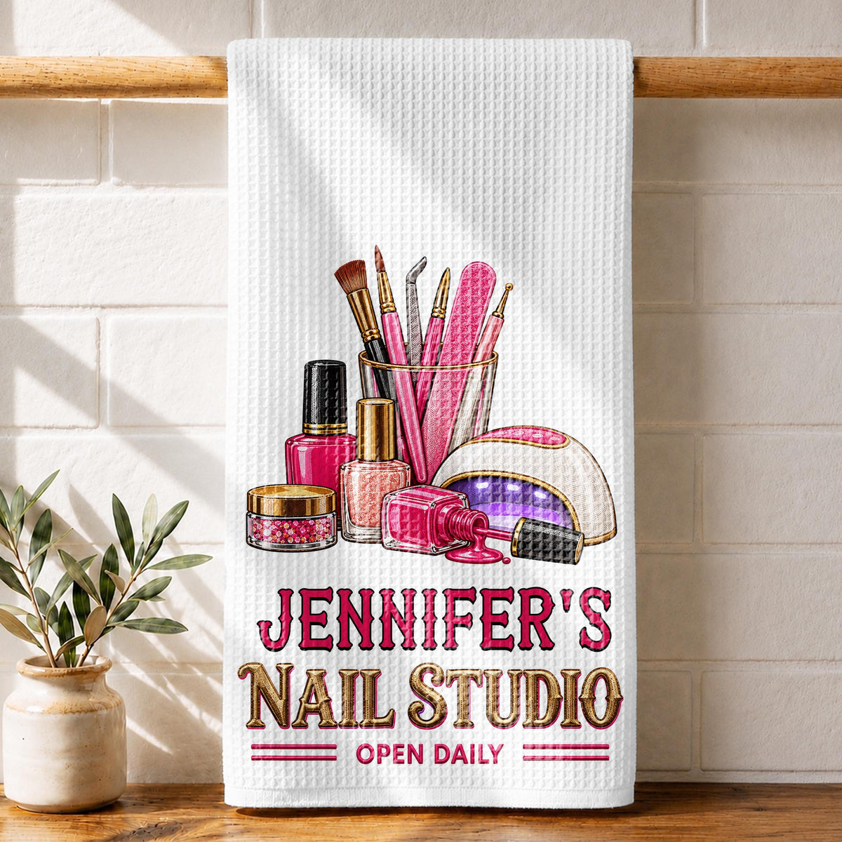 Nail Studio Open Daily With 3D Embroidery Style Nail Artist Tools - Personalized Kitchen Towel - JBS518_TOWL