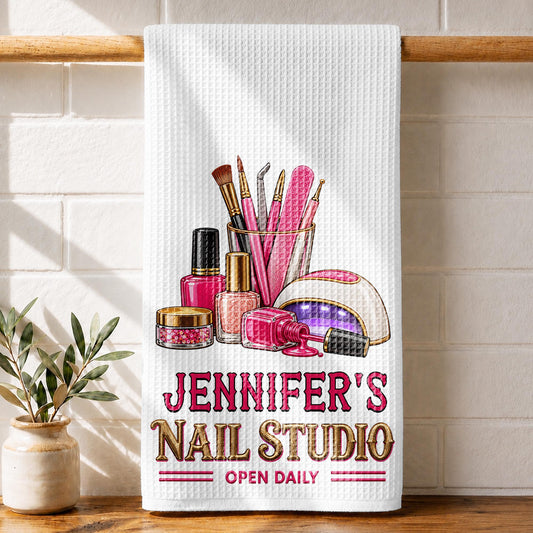 Nail Studio Open Daily With 3D Embroidery Style Nail Artist Tools - Personalized Kitchen Towel - JBS518_TOWL