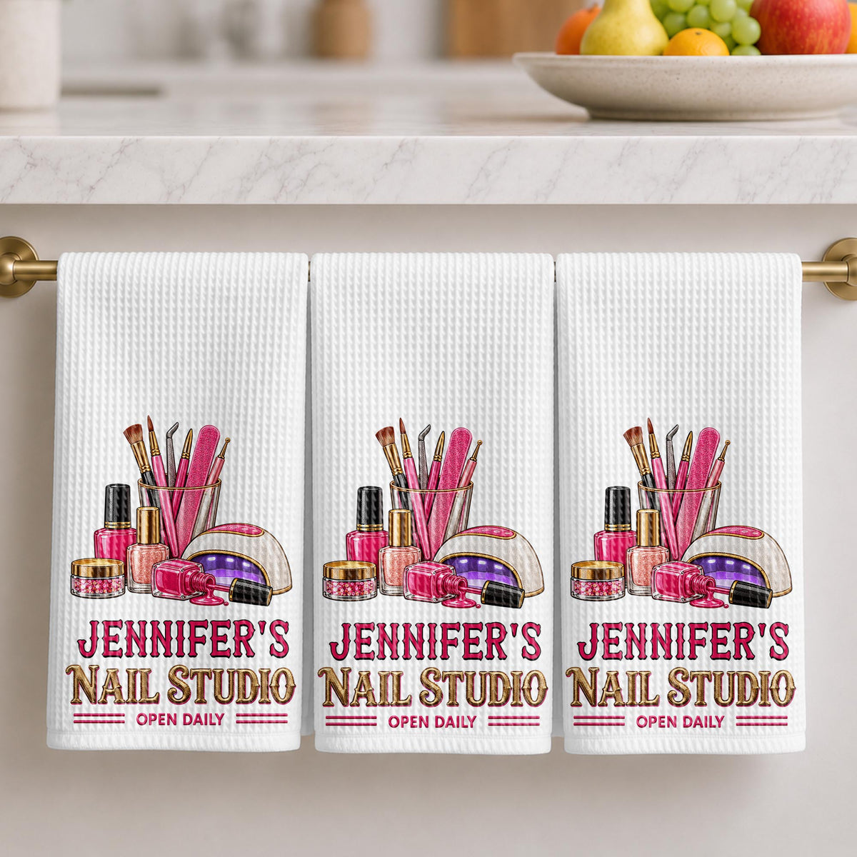 Nail Studio Open Daily With 3D Embroidery Style Nail Artist Tools - Personalized Kitchen Towel - JBS518_TOWL
