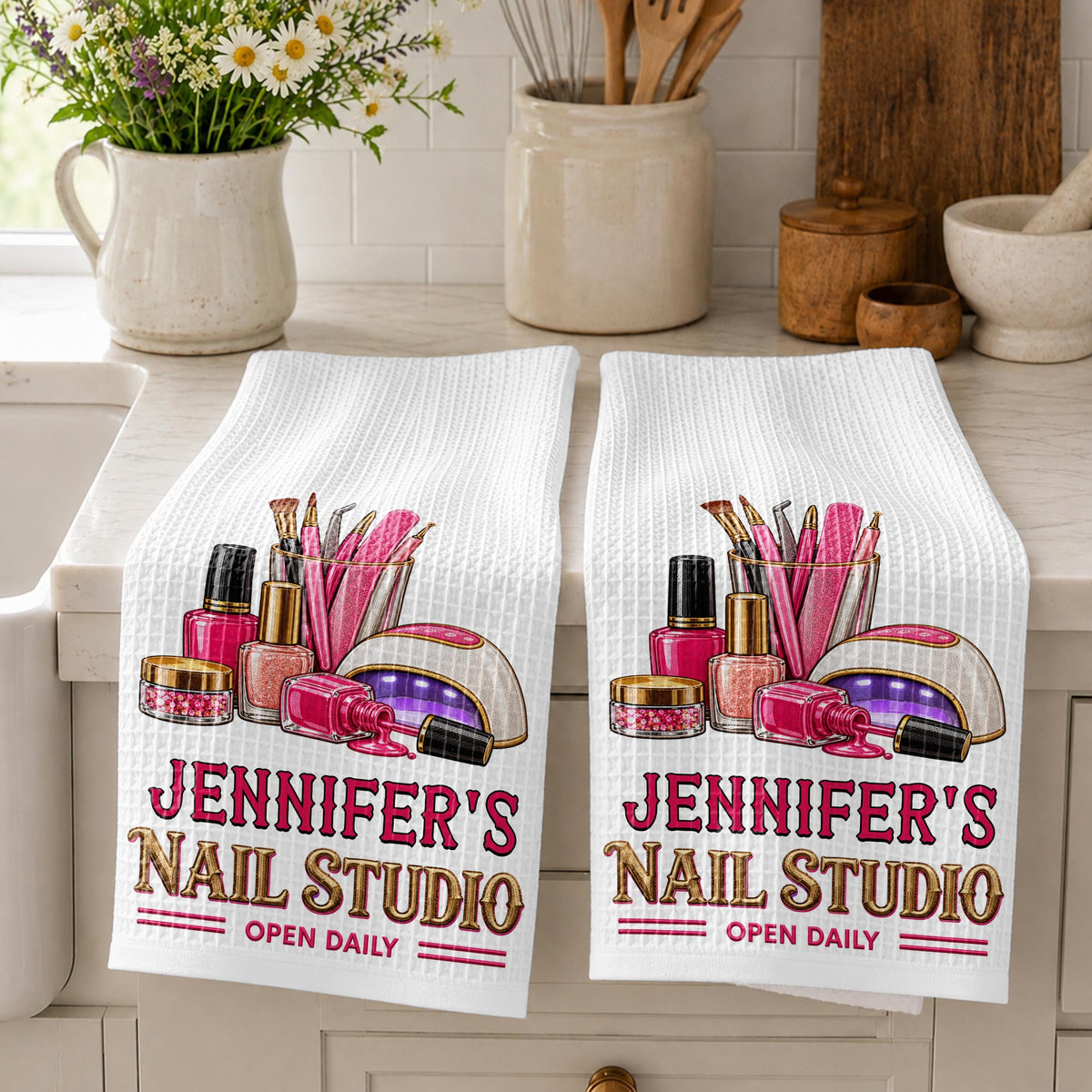 Nail Studio Open Daily With 3D Embroidery Style Nail Artist Tools - Personalized Kitchen Towel - JBS518_TOWL