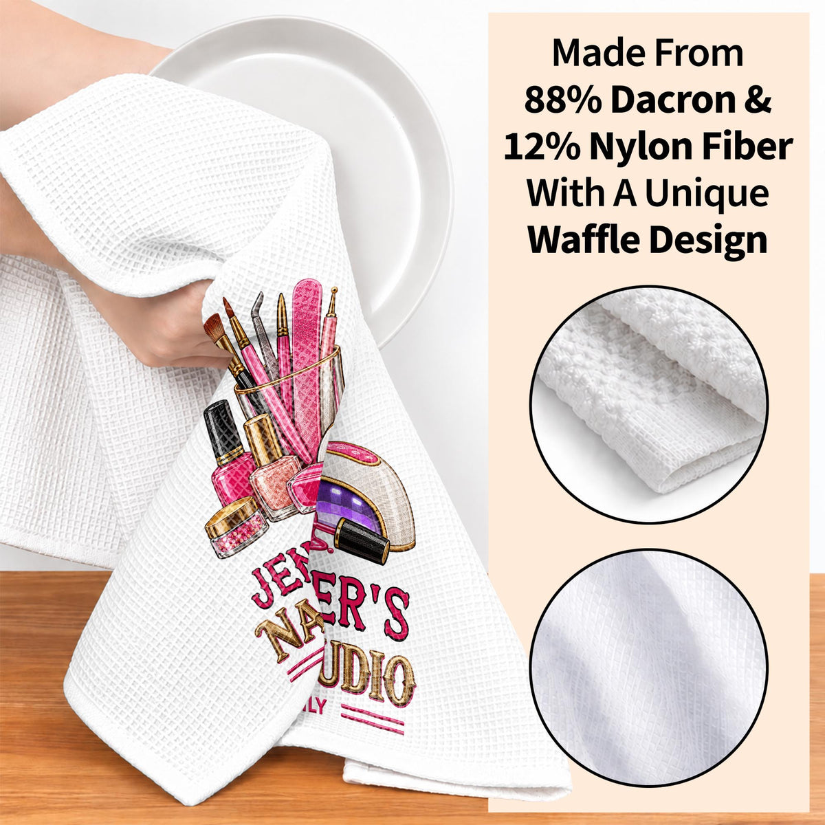 Nail Studio Open Daily With 3D Embroidery Style Nail Artist Tools - Personalized Kitchen Towel - JBS518_TOWL