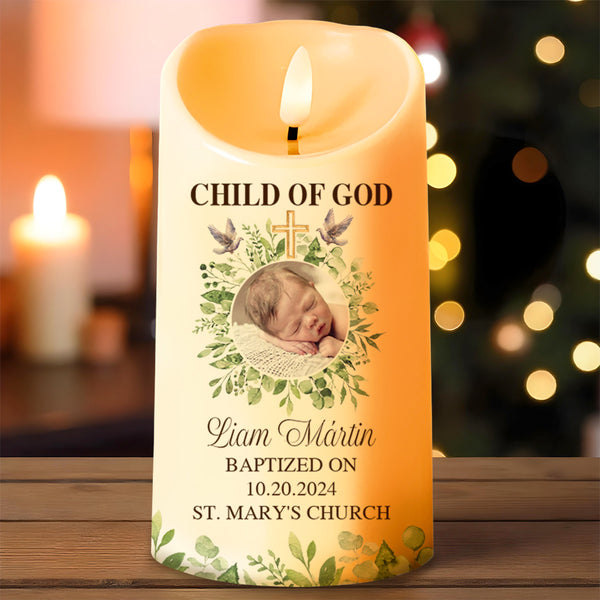 Child Of God Baptism Candle With Cross And Leaves