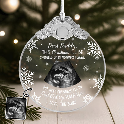 Dear Daddy This Christmas I'll Be Snuggled Up - Personalized Glass Ornament With Silver Cap - KID015_GOSICA