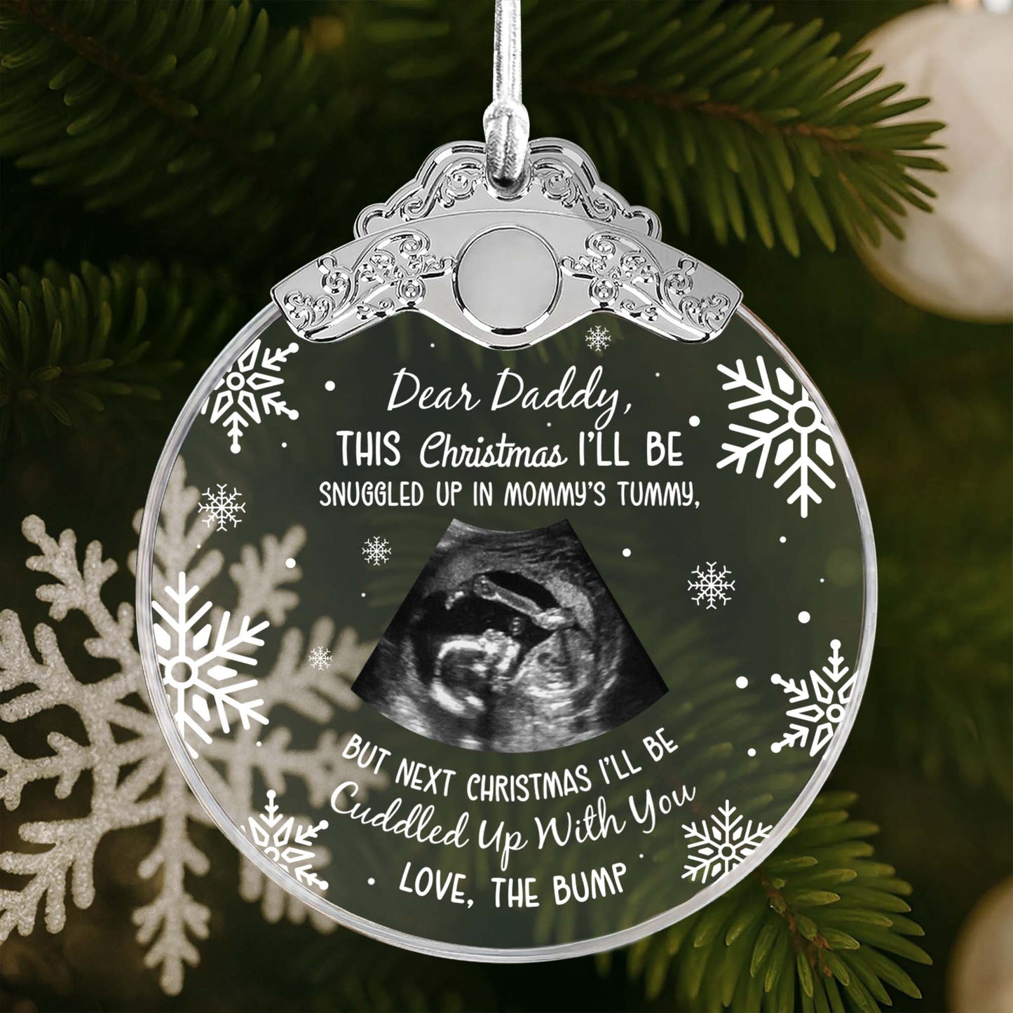 Dear Daddy This Christmas I'll Be Snuggled Up - Personalized Glass Ornament With Silver Cap - KID015_GOSICA