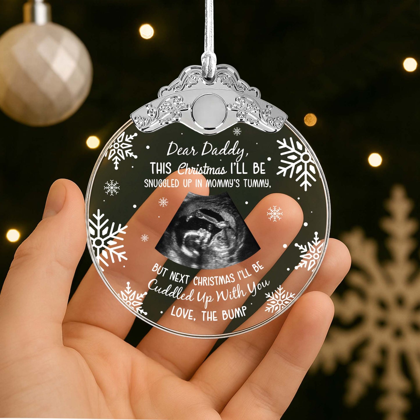 Dear Daddy This Christmas I'll Be Snuggled Up - Personalized Glass Ornament With Silver Cap - KID015_GOSICA
