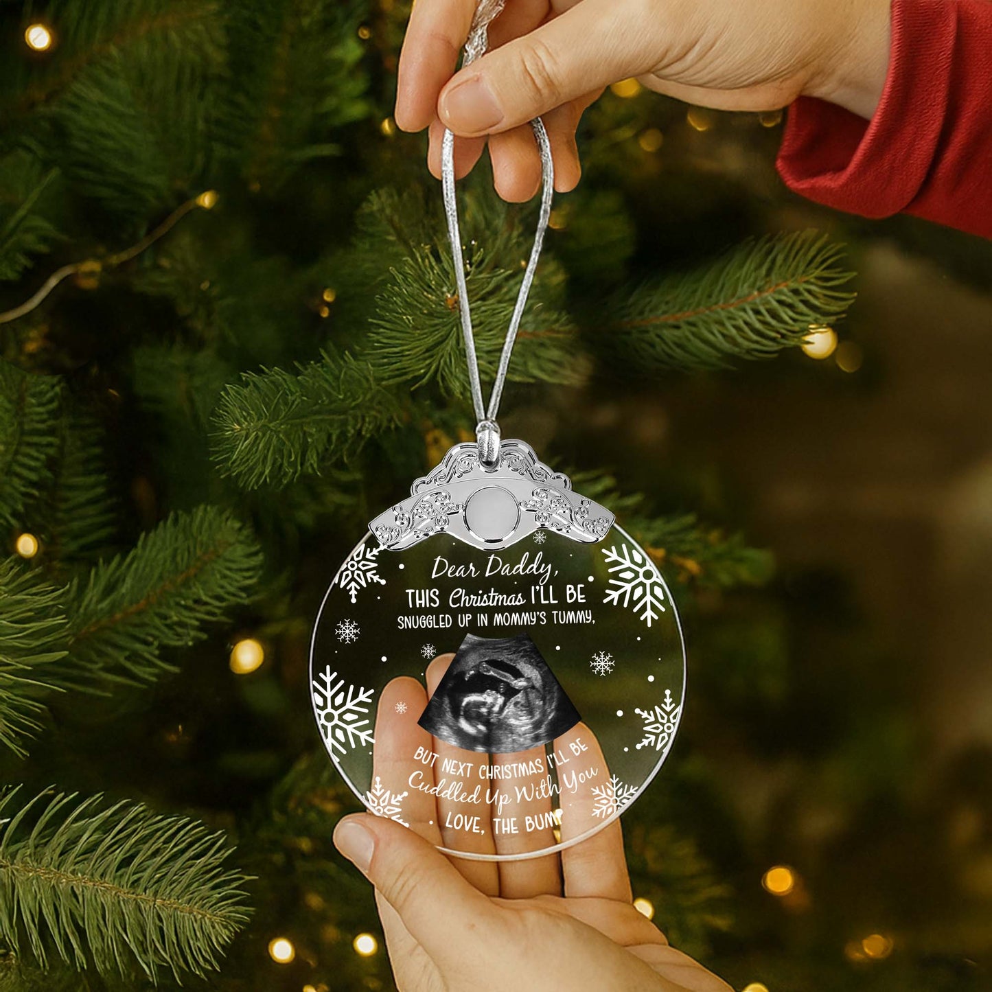 Dear Daddy This Christmas I'll Be Snuggled Up - Personalized Glass Ornament With Silver Cap - KID015_GOSICA