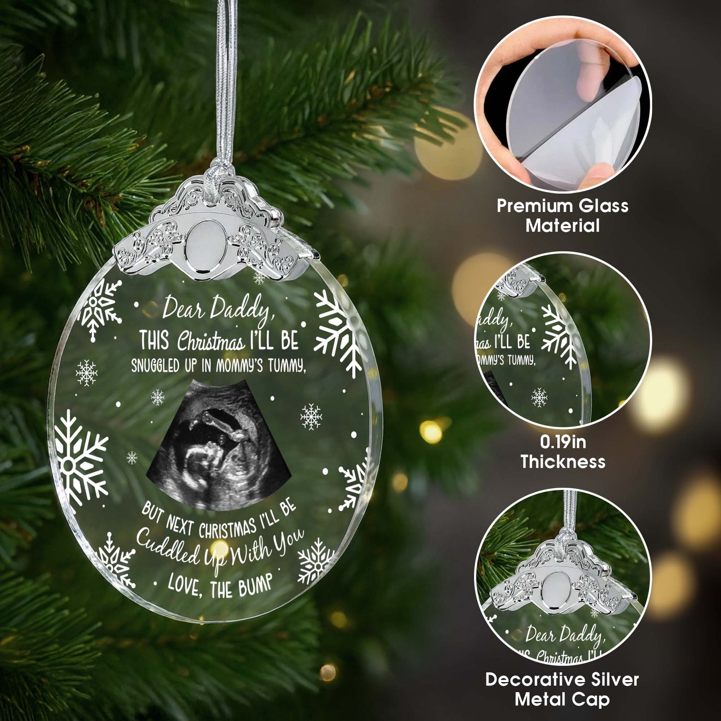 Dear Daddy This Christmas I'll Be Snuggled Up - Personalized Glass Ornament With Silver Cap - KID015_GOSICA