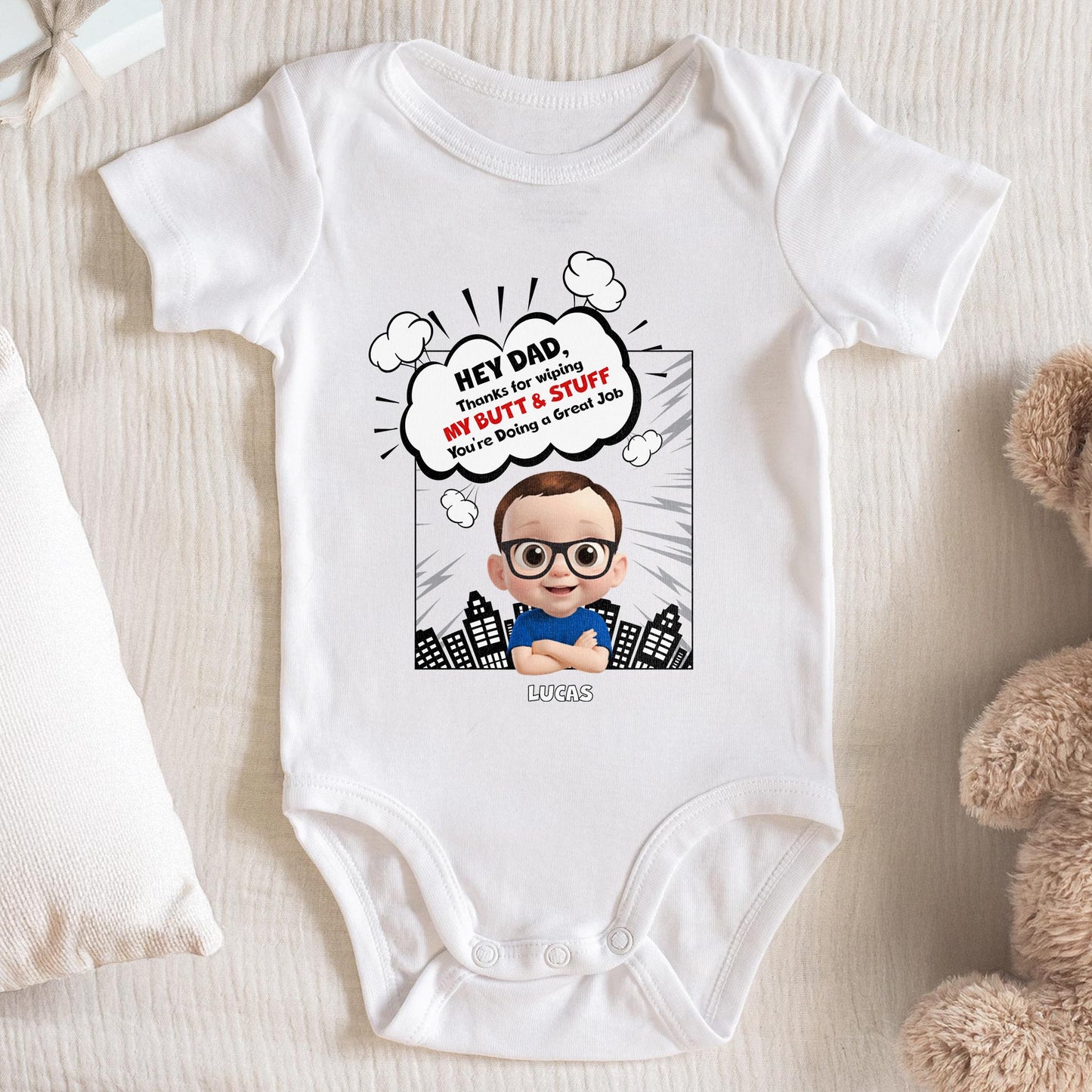 Hey Dad, Thanks For Wiping My Butt & Stuff, Comic Speech Bubble And Cartoon Baby