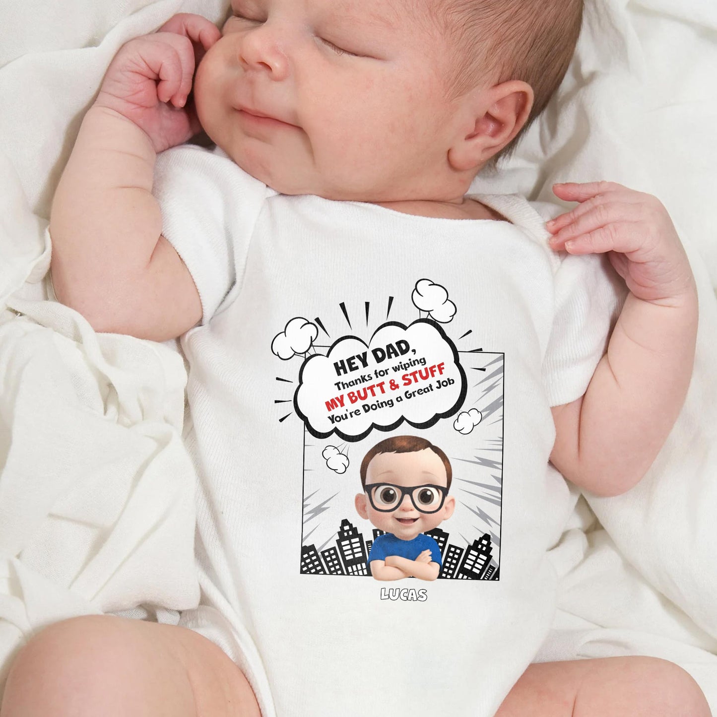 Hey Dad, Thanks For Wiping My Butt & Stuff, Comic Speech Bubble And Cartoon Baby