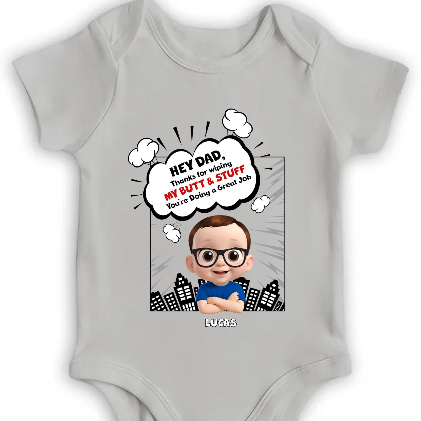 Hey Dad, Thanks For Wiping My Butt & Stuff, Comic Speech Bubble And Cartoon Baby