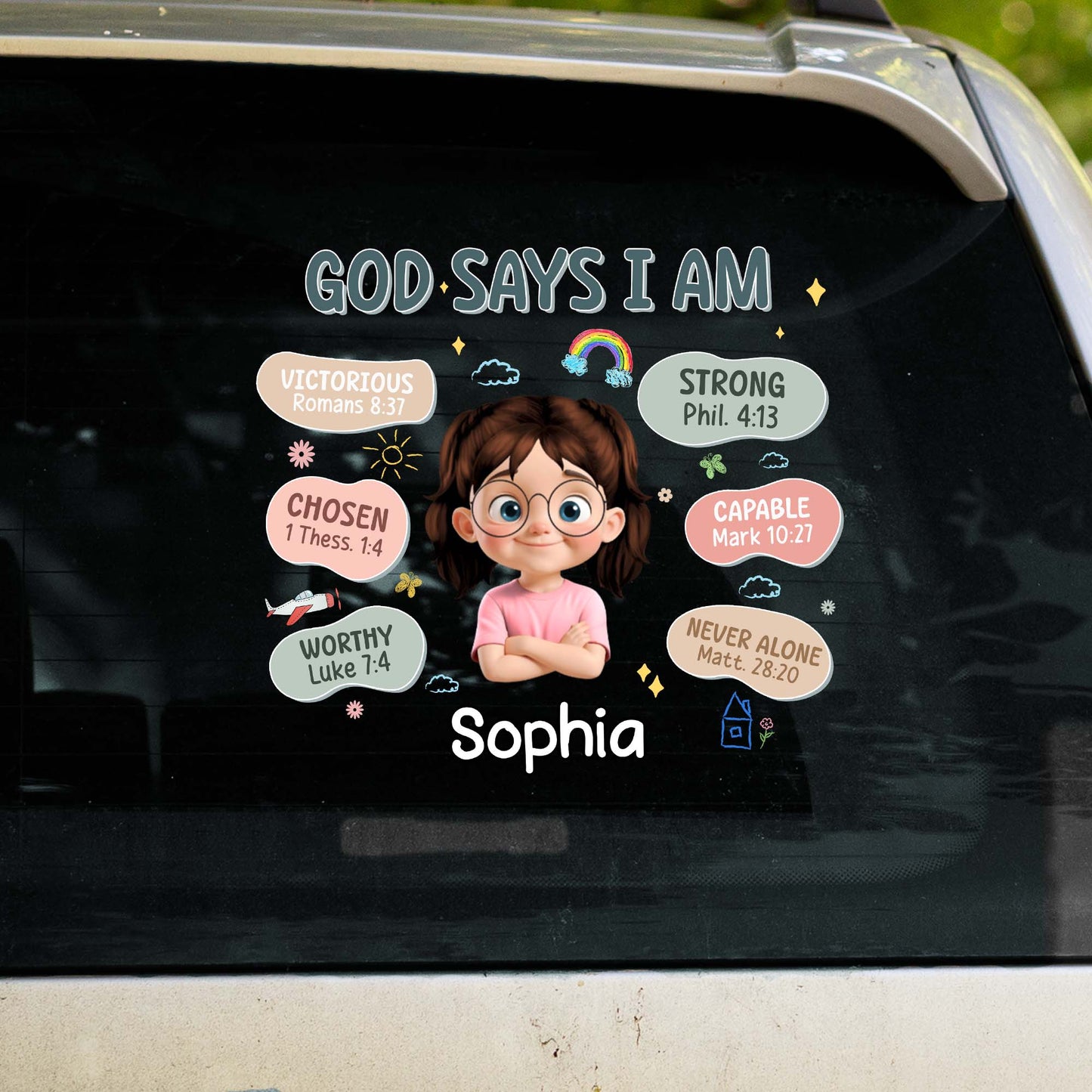 Calcomanía "Dios dice que soy", niña y versículos bíblicos - Calcomanía decorativa personalizada - KID090_STIK