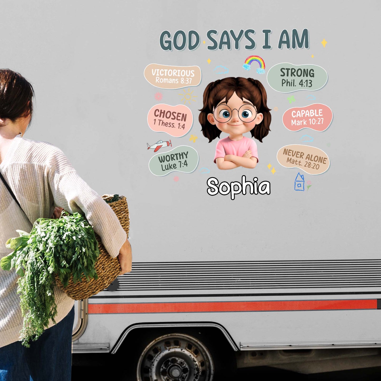 Calcomanía "Dios dice que soy", niña y versículos bíblicos - Calcomanía decorativa personalizada - KID090_STIK