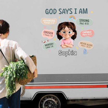 Calcomanía "Dios dice que soy", niña y versículos bíblicos - Calcomanía decorativa personalizada - KID090_STIK
