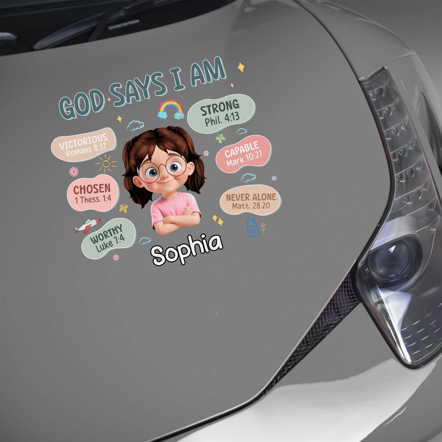 Calcomanía "Dios dice que soy", niña y versículos bíblicos - Calcomanía decorativa personalizada - KID090_STIK