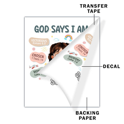 Calcomanía "Dios dice que soy", niña y versículos bíblicos - Calcomanía decorativa personalizada - KID090_STIK
