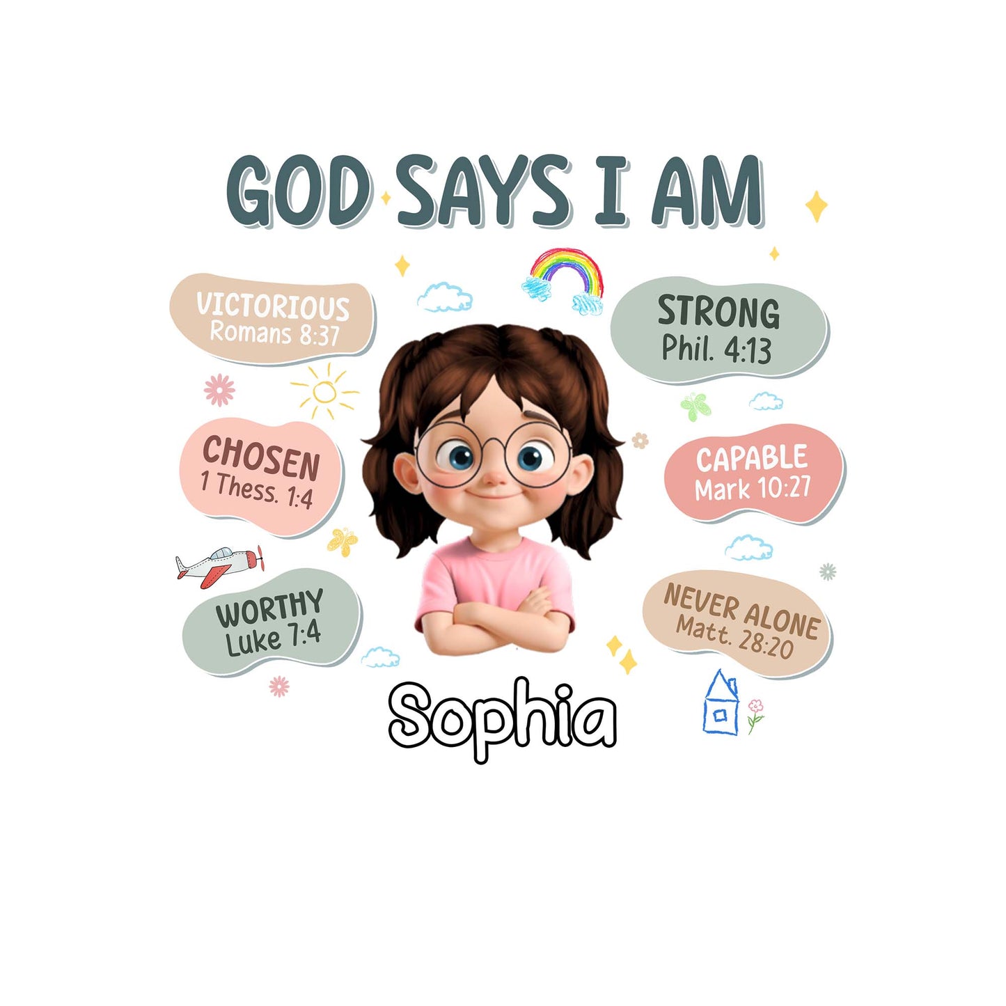 Calcomanía "Dios dice que soy", niña y versículos bíblicos - Calcomanía decorativa personalizada - KID090_STIK