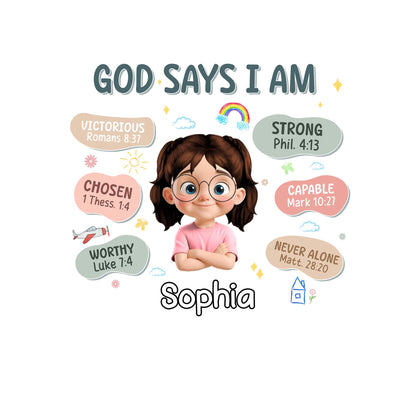 Calcomanía "Dios dice que soy", niña y versículos bíblicos - Calcomanía decorativa personalizada - KID090_STIK