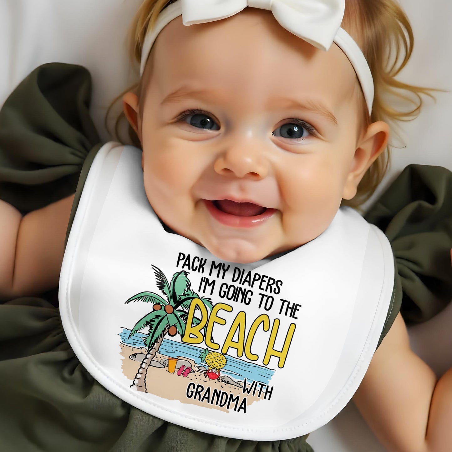 Pack My Diapers I'm Going to the Beach, Palm Tree and Suitcase - Personalized Baby Bib - KID102_BBB