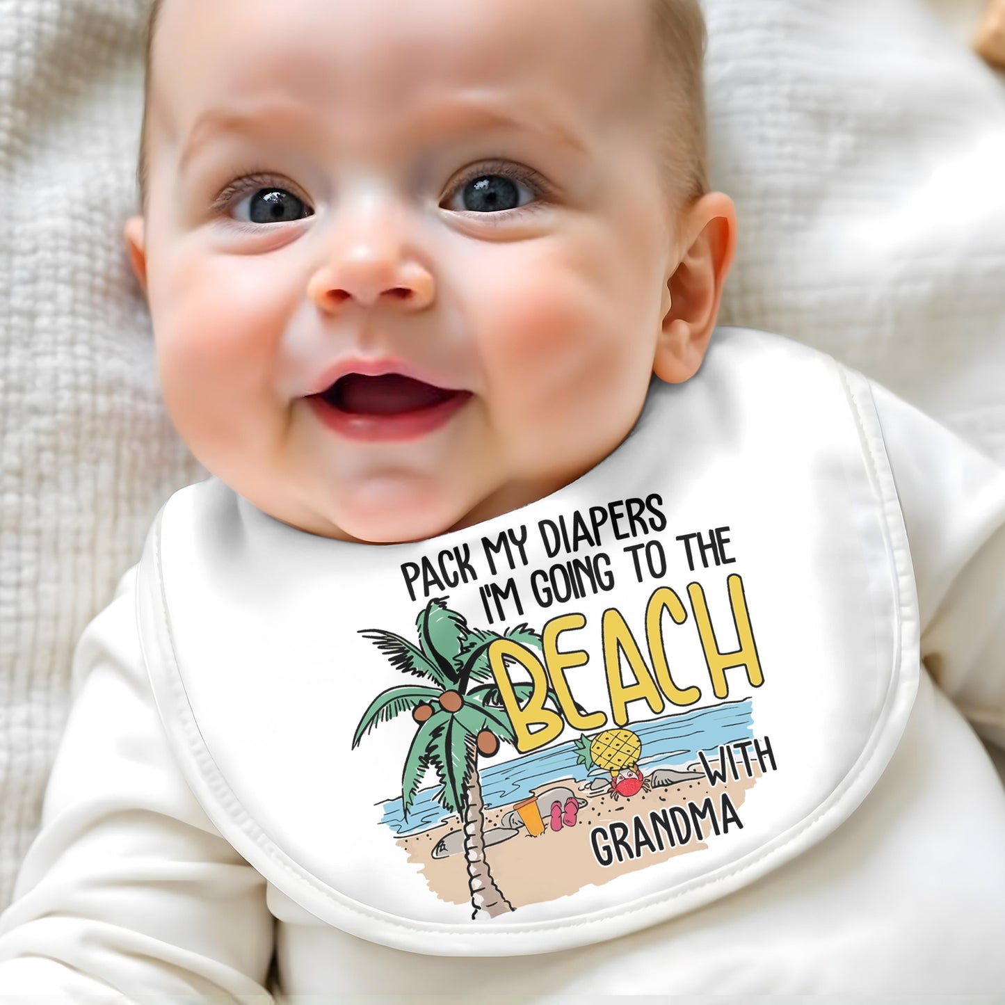 Pack My Diapers I'm Going to the Beach, Palm Tree and Suitcase - Personalized Baby Bib - KID102_BBB