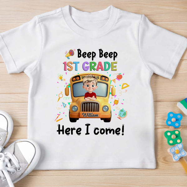 Beep Beep 1st Grade Here I Come School Bus Design - Personalized Custom Youth T-shirt - KID116_WYOU