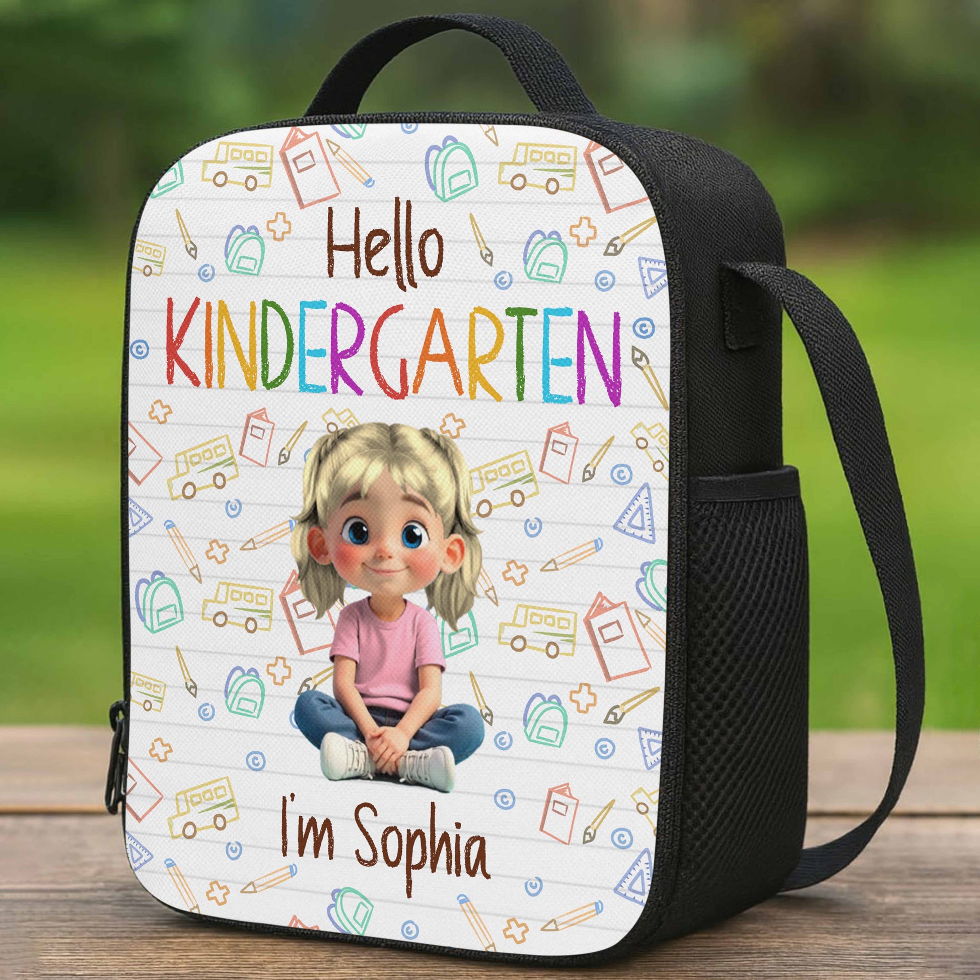 Hello Kindergarten Cartoon Girl And School Supplies