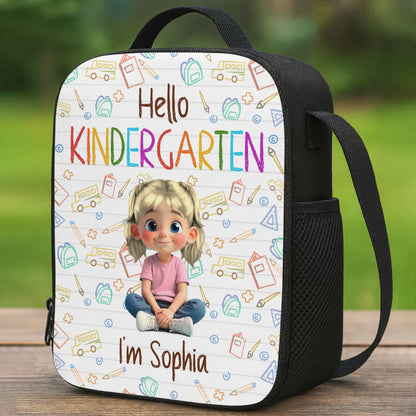 Hello Kindergarten Cartoon Girl And School Supplies