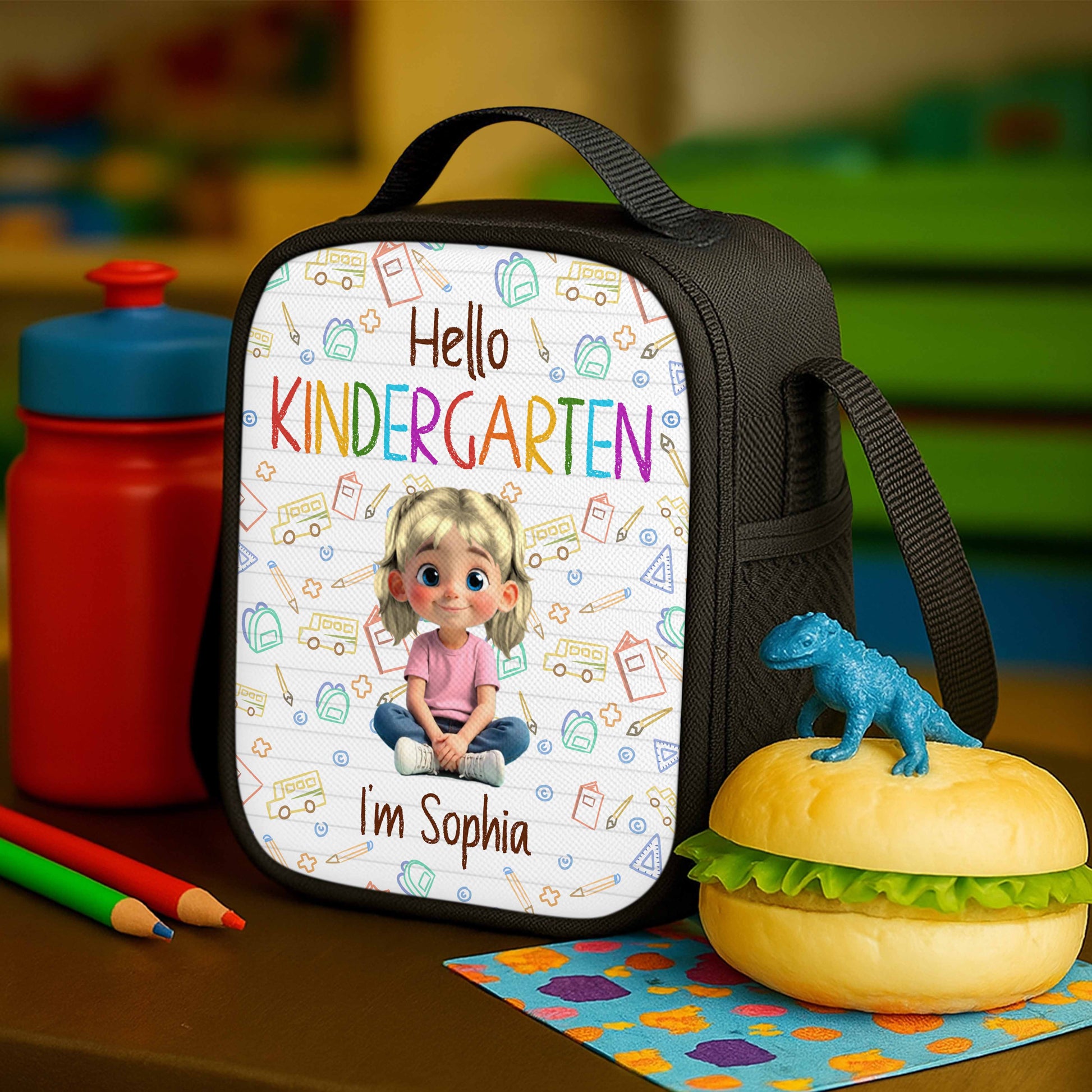 Hello Kindergarten Cartoon Girl And School Supplies