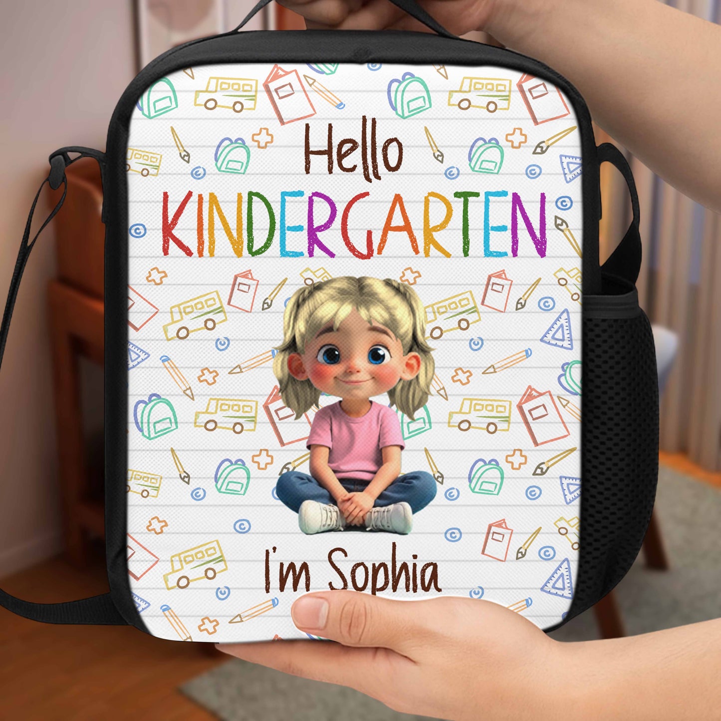 Hello Kindergarten Cartoon Girl And School Supplies