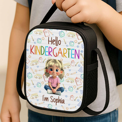 Hello Kindergarten Cartoon Girl And School Supplies