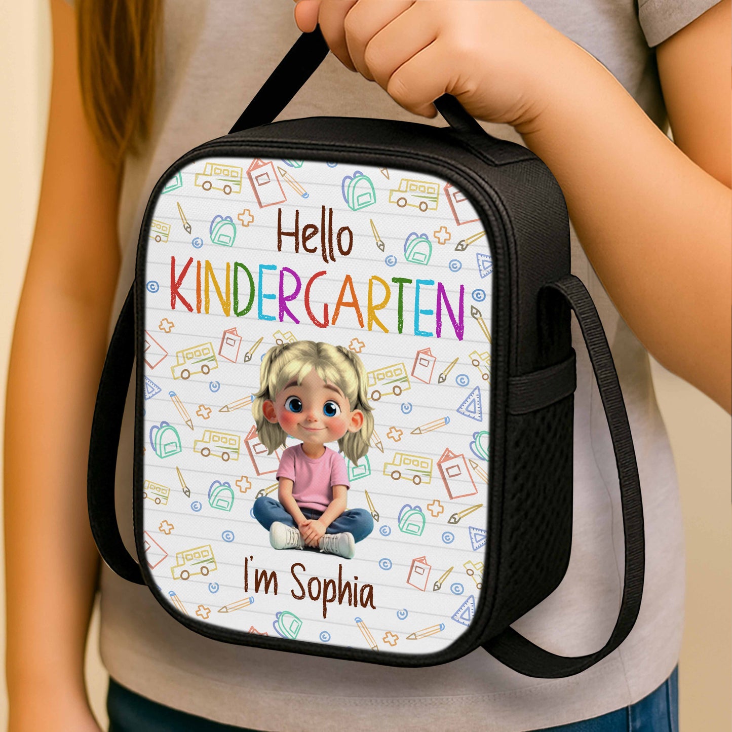 Hello Kindergarten Cartoon Girl And School Supplies