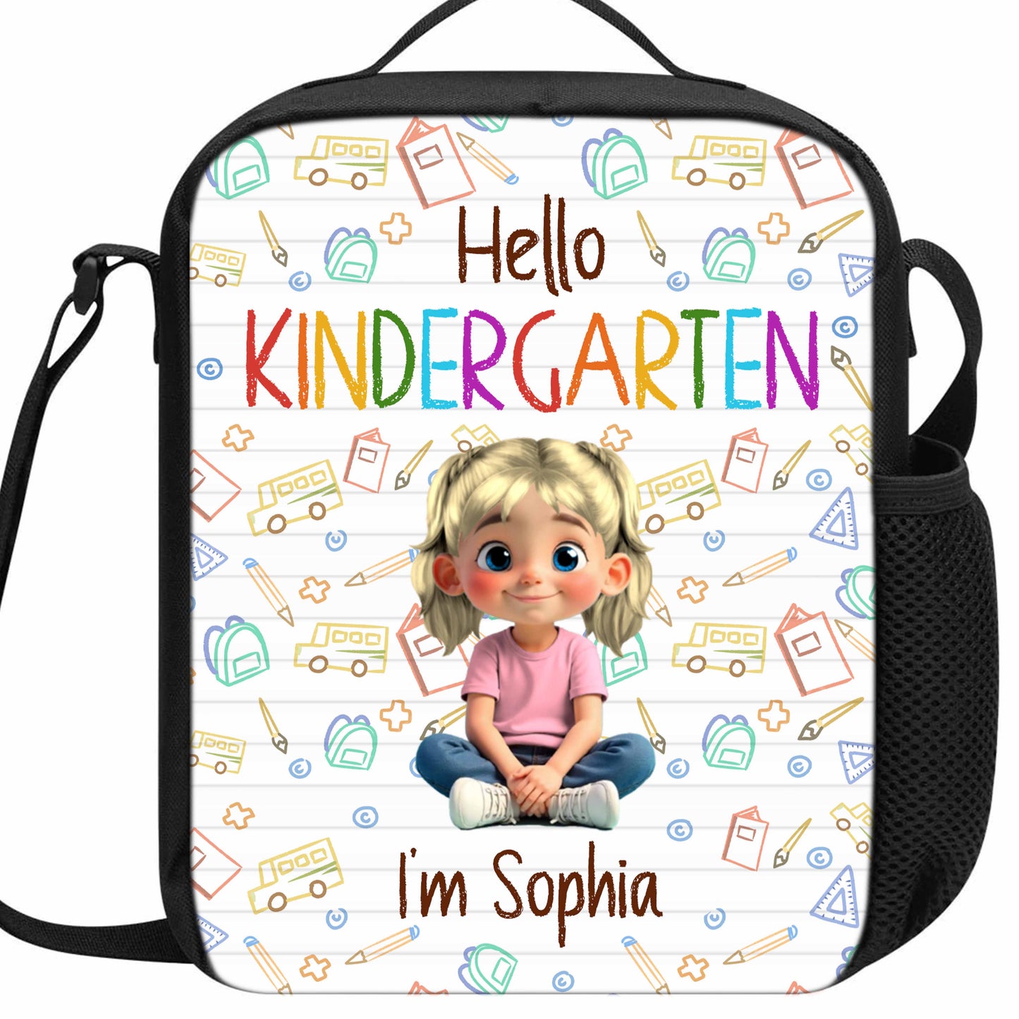 Hello Kindergarten Cartoon Girl And School Supplies