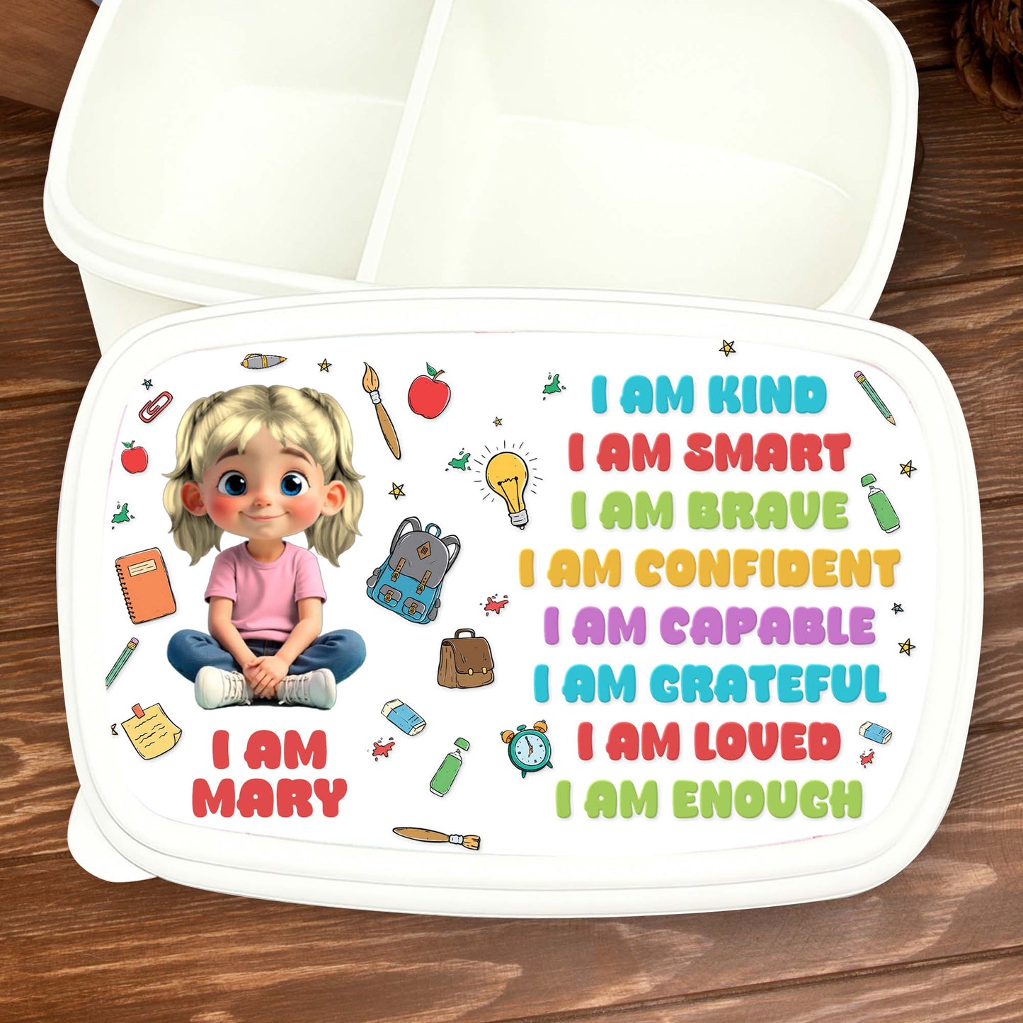 Je suis gentil, intelligent, courageux, aimé, fournitures scolaires - Boîte à lunch personnalisée pour enfant - KID125_PLUBO