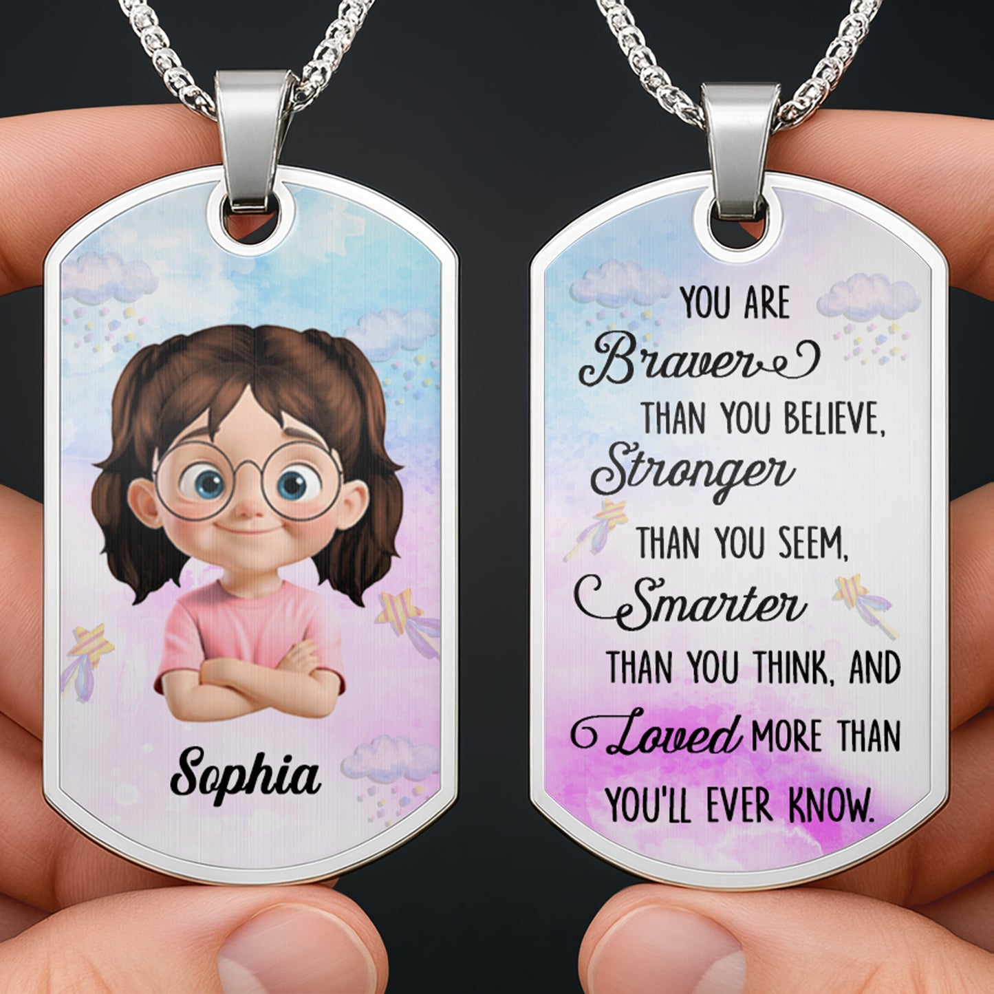Braver Than You Believe, Stronger Than You Seem, Smarter Than You Think - Personalized Custom Dog Tag Necklace - KID136_DTNECK