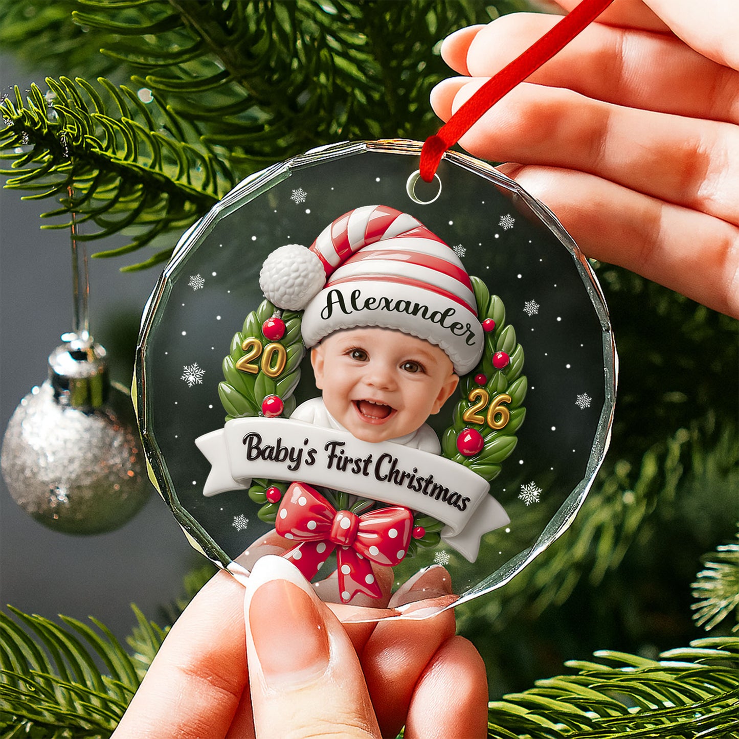 Baby's First Christmas Photo Wreath And Red Bow - Personalized Custom Circle Glass Ornament - KID152_CGOR