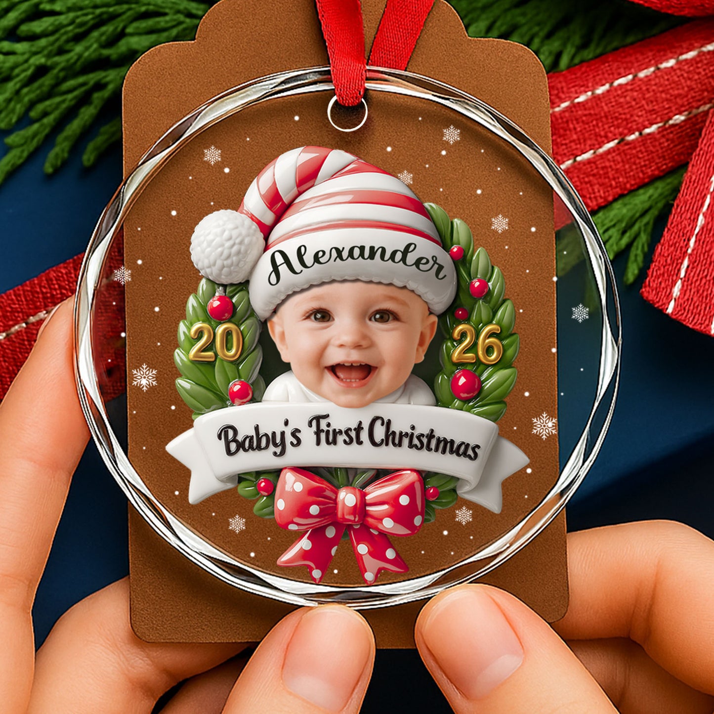 Baby's First Christmas Photo Wreath And Red Bow - Personalized Custom Circle Glass Ornament - KID152_CGOR