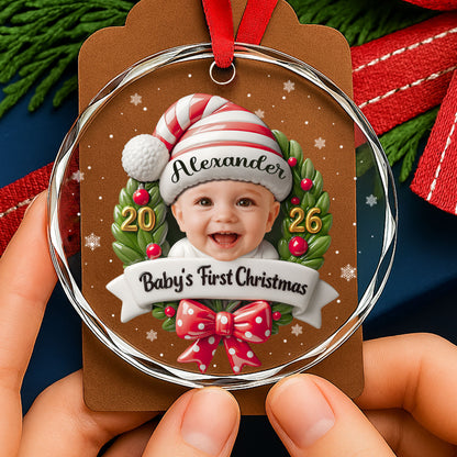 Baby's First Christmas Photo Wreath And Red Bow - Personalized Custom Circle Glass Ornament - KID152_CGOR