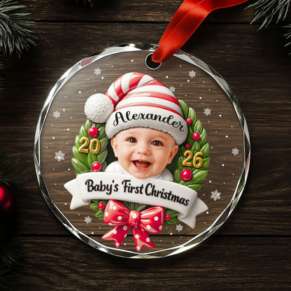 Baby's First Christmas Photo Wreath And Red Bow - Personalized Custom Circle Glass Ornament - KID152_CGOR