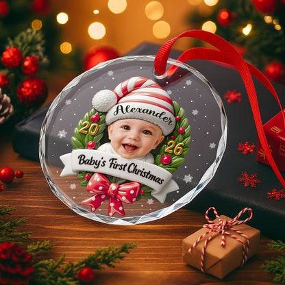 Baby's First Christmas Photo Wreath And Red Bow - Personalized Custom Circle Glass Ornament - KID152_CGOR