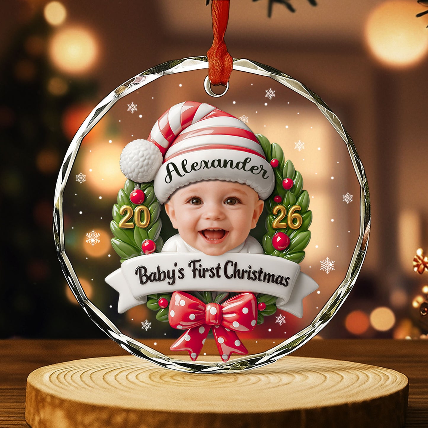 Baby's First Christmas Photo Wreath And Red Bow - Personalized Custom Circle Glass Ornament - KID152_CGOR