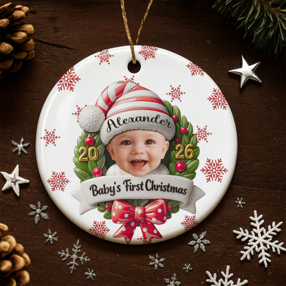 Baby's First Christmas With Photo Wreath And Santa Hat - Personalized Custom Ceramic Ornament With Round Shape - KID152_RCE