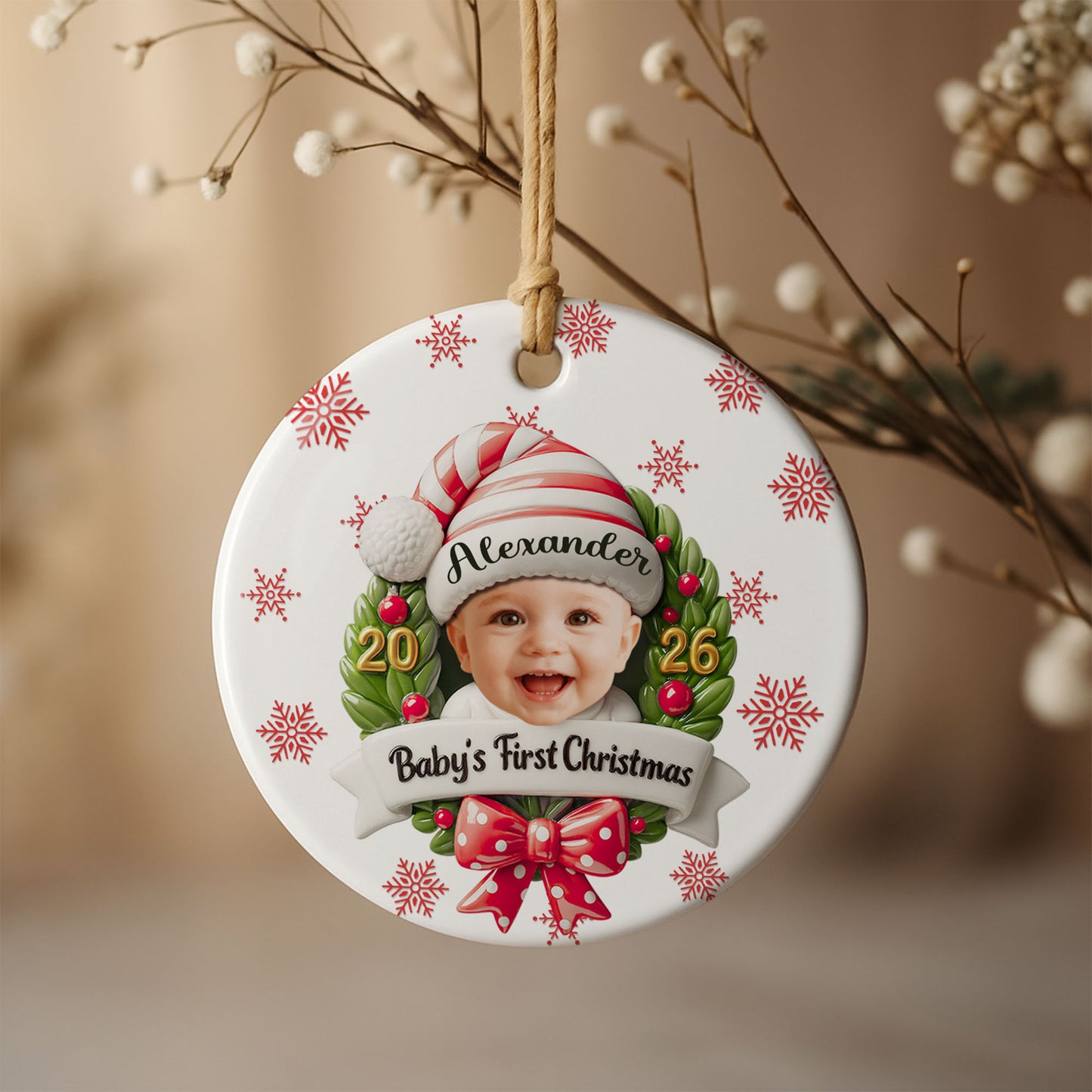 Baby's First Christmas With Photo Wreath And Santa Hat - Personalized Custom Ceramic Ornament With Round Shape - KID152_RCE