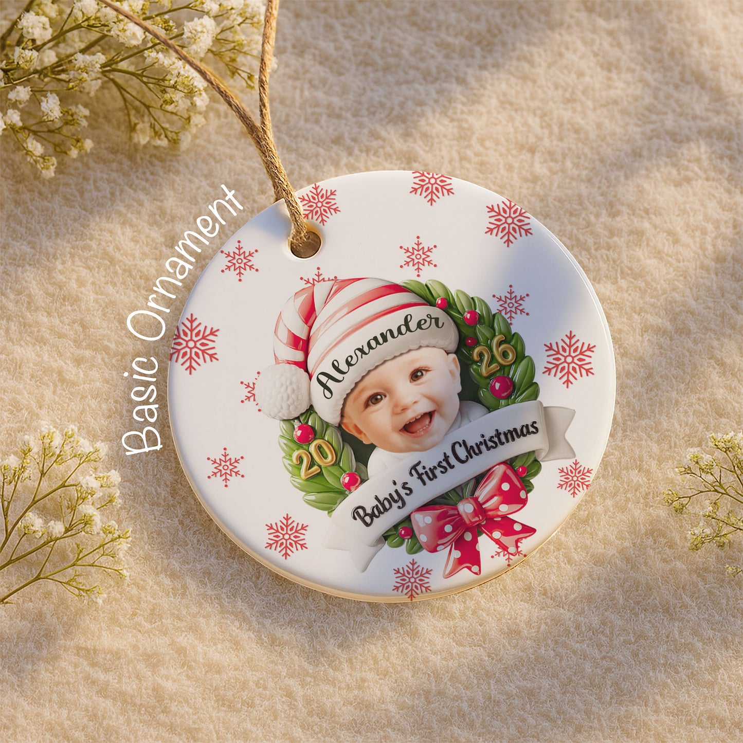Baby's First Christmas With Photo Wreath And Santa Hat - Personalized Custom Ceramic Ornament With Round Shape - KID152_RCE